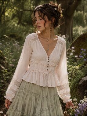 American Eagle Free Spirited Vintage Blouse | Romantic Cottagecore Peasant Top